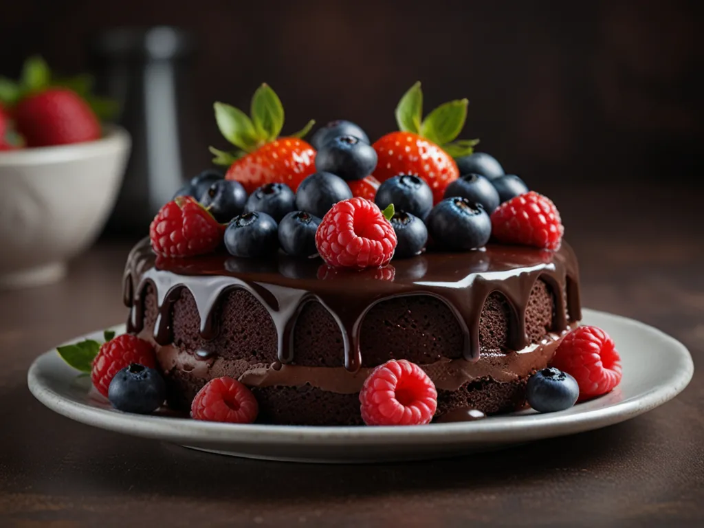 Chokladtårta med chokladglasyr och färska bär