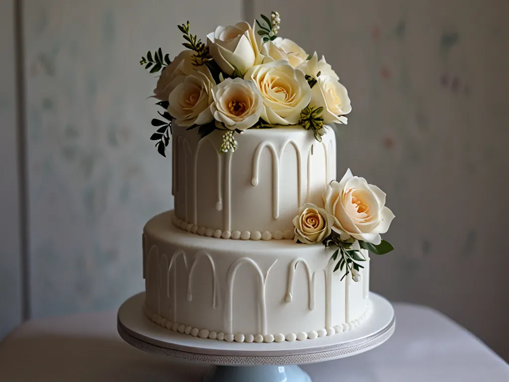 Bröllopstårta i vitt med blommor